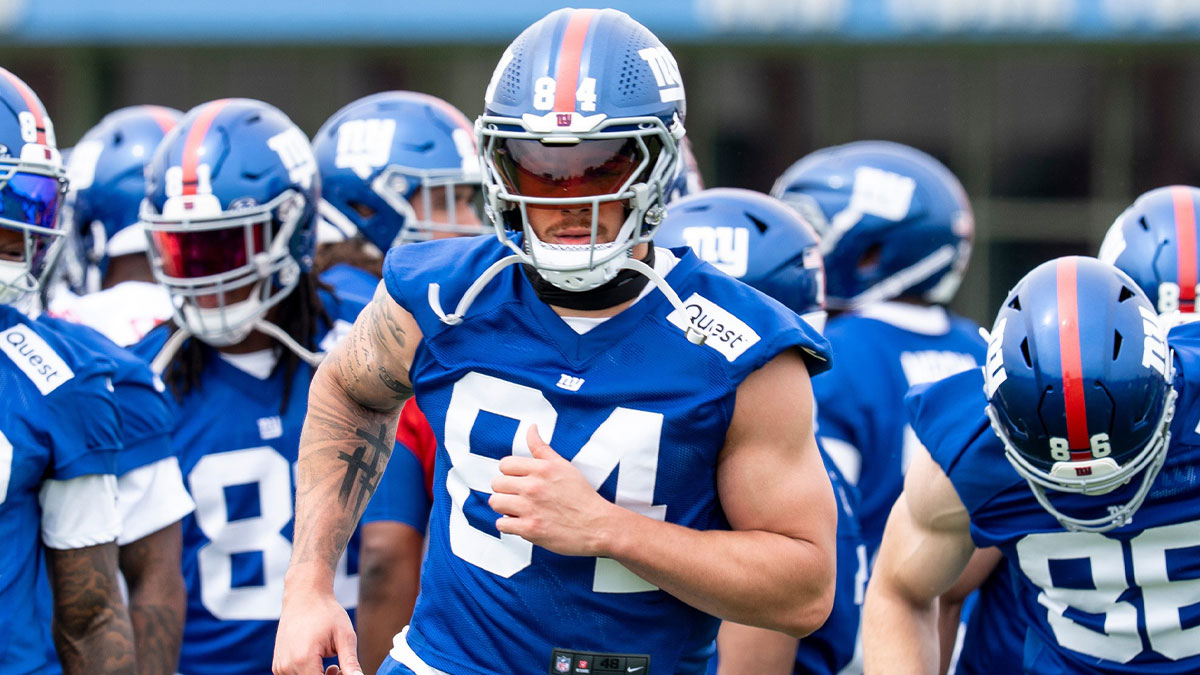 Theo Johnson with the NY Giants, runs drills during a practice at Quest Diagnostics Training Center, East Rutherford, NJ, May 28, 2025.