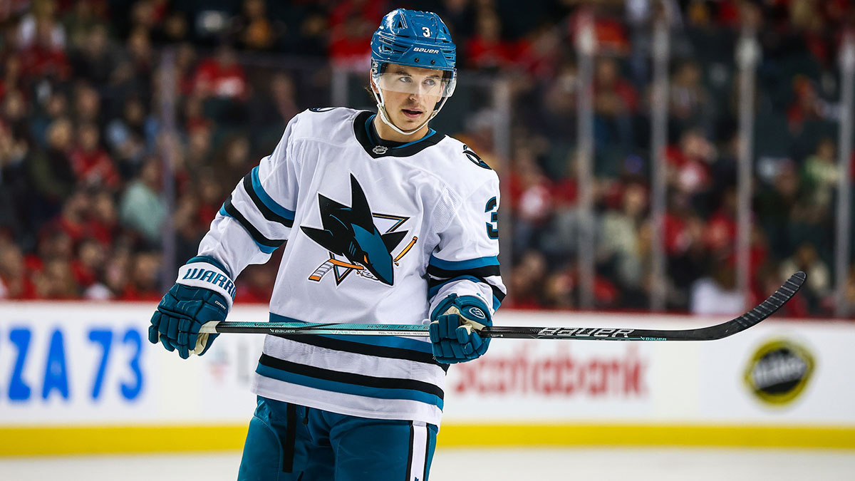 San Jose Sharks defenseman Henry Thrun (3) against the Calgary Flames during the first period at Scotiabank Saddledome.