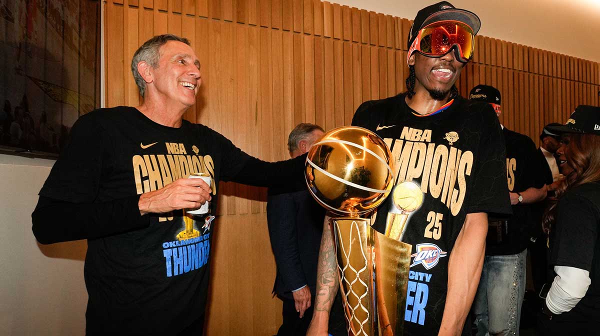 Thunder forward Jalen Williams (8) celebrates after winning game seven of the 2025 NBA Finals against the Indiana Pacers at Paycom Center