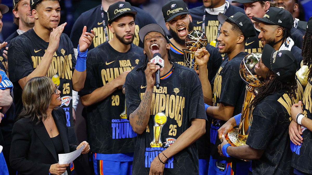 Thunder forward Jalen Williams (8) speaks to fans after his team won the NBA Finals against the Indiana Pacers in game seven of the 2025 NBA Finals at Paycom Center