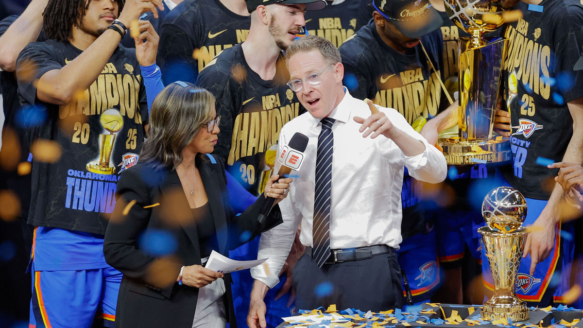 Thunder general manager Sam Presti speaks during the championship ceremony after his team defeated the Indiana Pacers in game seven of the 2025 NBA Finals at Paycom Center