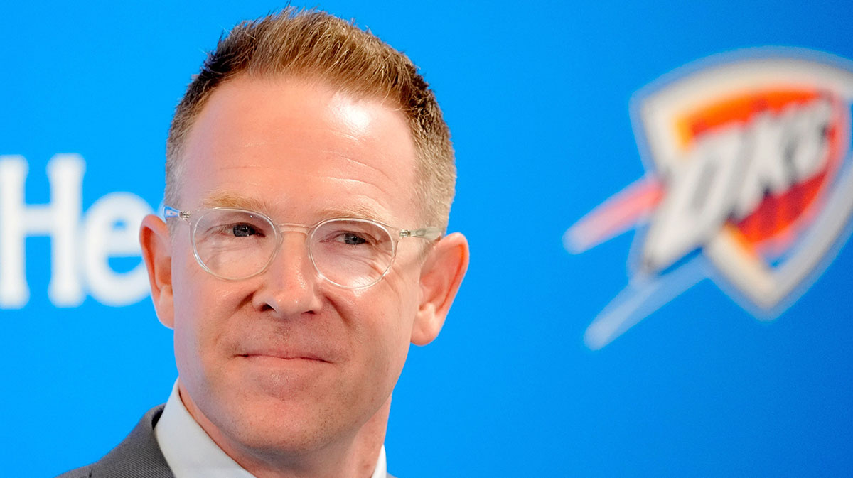 Thunder general manager Sam Presti speaks during an introductory press conference