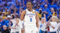 Oklahoma City Thunder forward Jalen Williams (8) reacts during the fourth quarter of game five of the 2025 NBA Finals against the Indiana Pacers at Paycom Center.