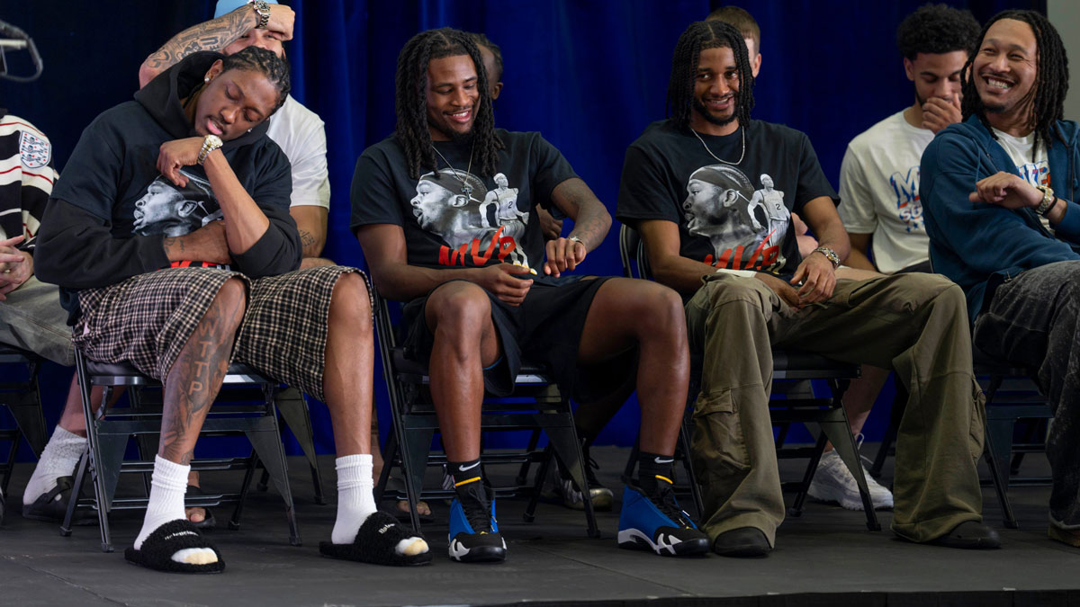 Thunder's Jalen Williams, Cason Wallace , Isaiah Joe, and Jaylin Williams show off their watches given to them by Shai Gilgeous-Alexander during a press conference in Oklahoma City after Gilgeous-Alexander won the 2025 NBA MVP award