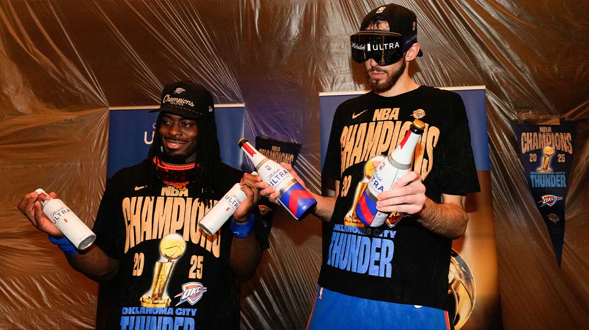 forward Chet Holmgren (7) celebrate after winning game seven of the 2025 NBA Finals against the Indiana Pacers at Paycom Center