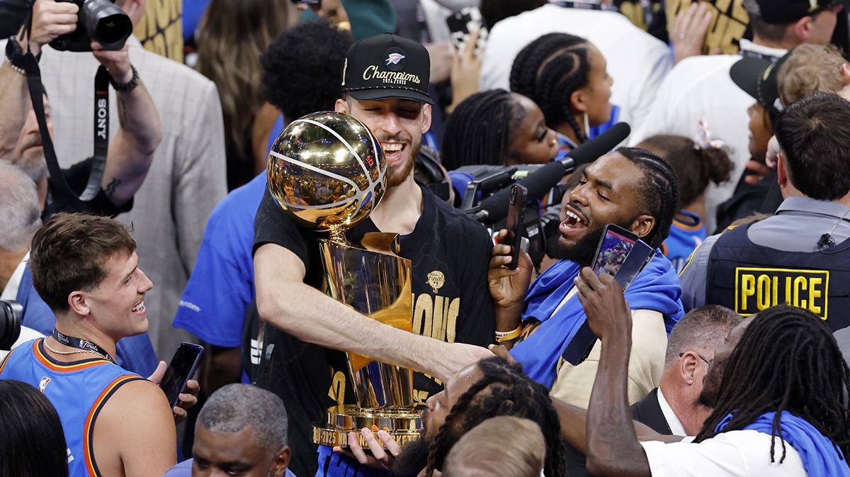 Thunder forward Chet Holmgren (7) celebrates after winning game seven of the 2025 NBA Finals against the Indiana Pacers at Paycom Center