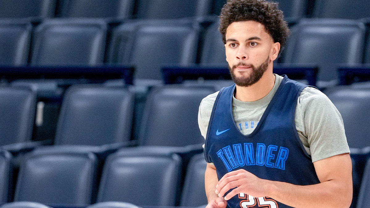 Thunder guard Ajay Mitchell (25) runs drills during an NBA Finals practice session ahead of Game 2 at Paycom Center