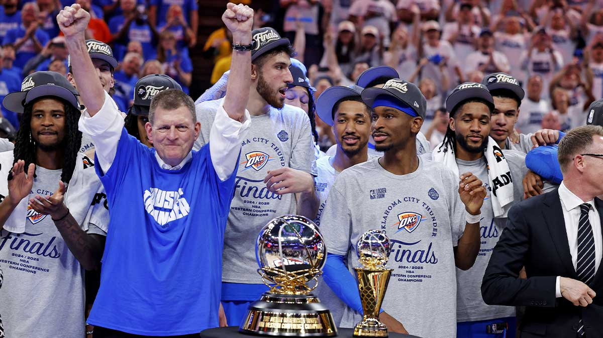 Thunder chairman Clay Bennett celebrates after his team beat the Minnesota Timberwolves in game five to win the western conference finals for the 2025 NBA Playoffs at Paycom Center