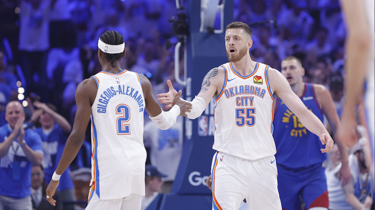 Thunder center Isaiah Hartenstein (55) and guard Shai Gilgeous-Alexander (2) celebrate after scoring against the Denver Nuggets during the first quarter of game five of the second round for the 2025 NBA Playoffs at Paycom Center