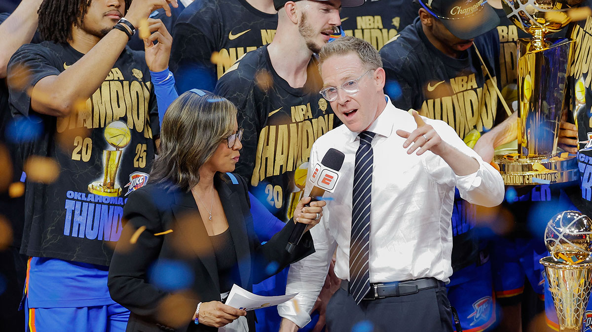 Oklahoma City Thunder general manager Sam Presti speaks during the championship ceremony after his team defeated the Indiana Pacers in game seven of the 2025 NBA Finals at Paycom Center.