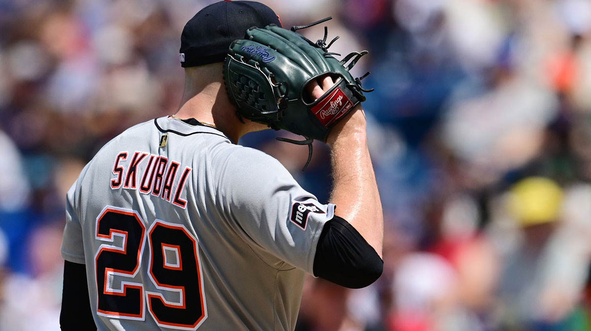 Detroit Tigers starting pitcher Tarik Skubal (29) listens to the pitch call during the fourth inning against the Cleveland Guardians at Progressive Field.