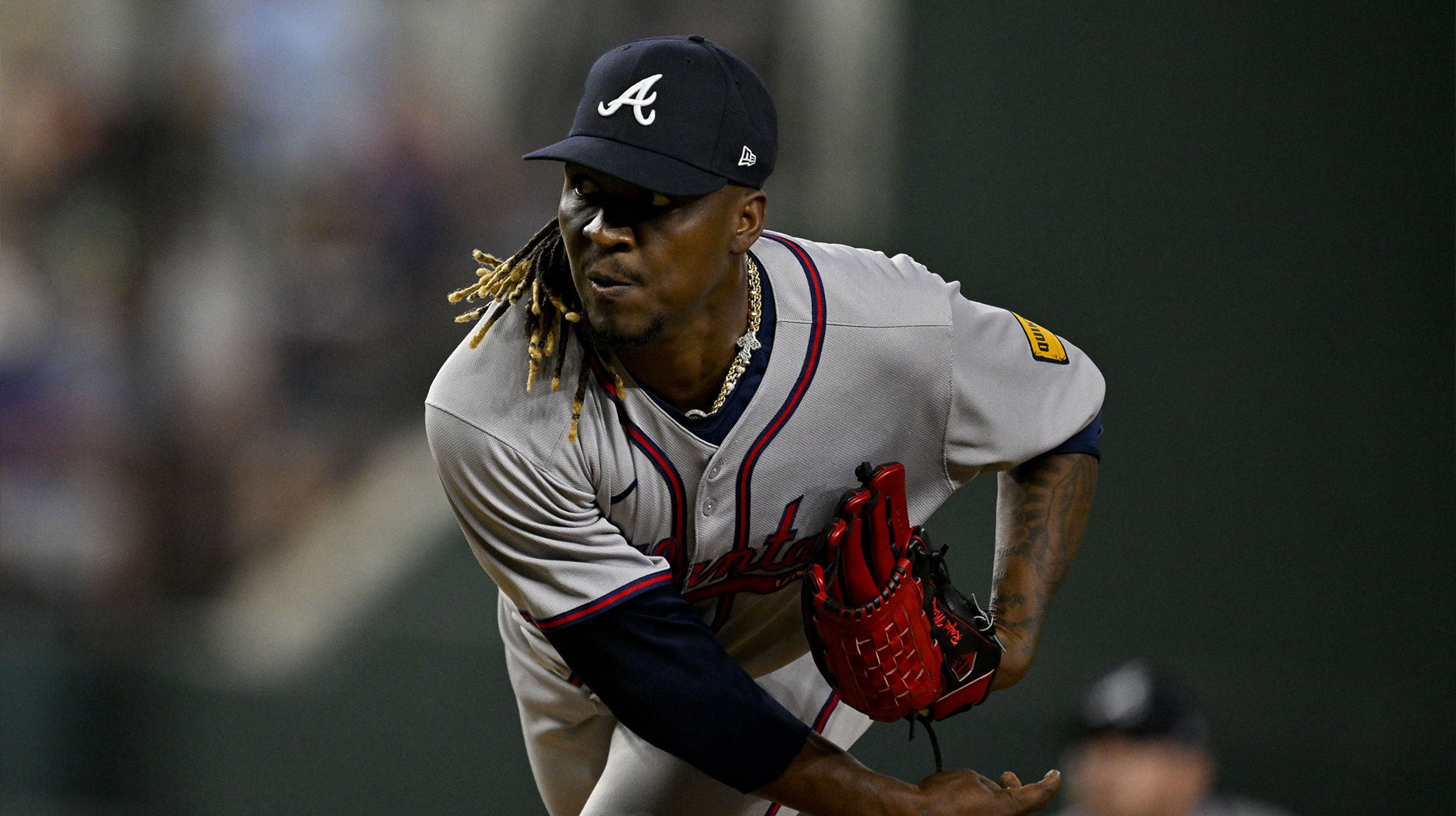 Atlanta Braves relief pitcher Rafael Montero (48) in action during the game between the Texas Rangers and the Atlanta Braves at Globe Life Field.