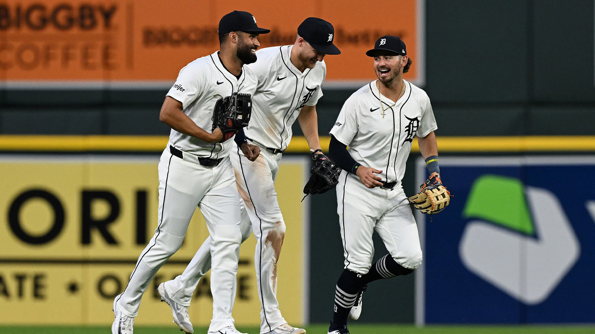 Detroit Tigers outfielders, from left: Riley Greene, Parker Meadows and Zach McKinstry celebrate their win over the Tampa Bay Rays at Comerica Park.