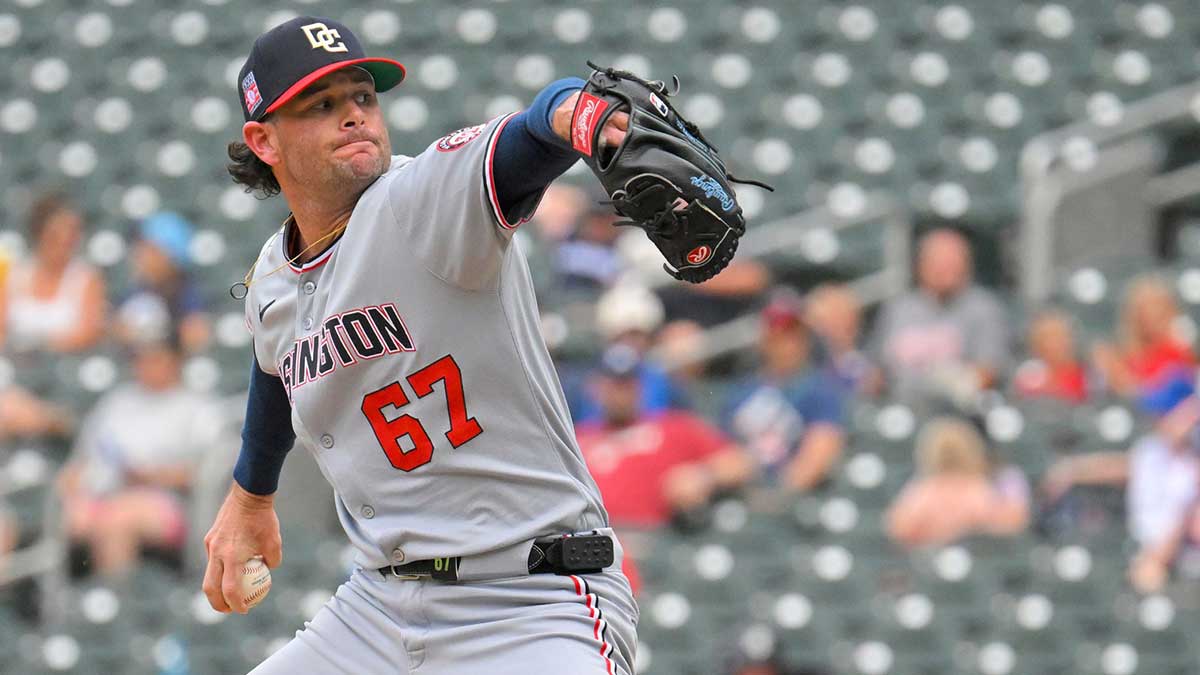 Washington Nationals relief pitcher Kyle Finnegan (67) delivers a pitch against the Minnesota Twins during the ninth inning at Target Field.