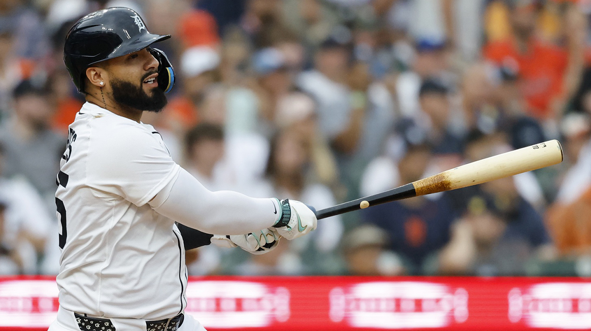 Detroit Tigers second baseman Gleyber Torres (25) hits a double in the first inning against the Seattle Mariners at Comerica Park.