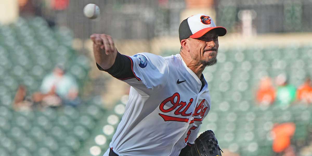 Baltimore Orioles pitcher Charlie Morton (50) delivers during the first inning against the Texas Rangers at Oriole Park at Camden Yards.