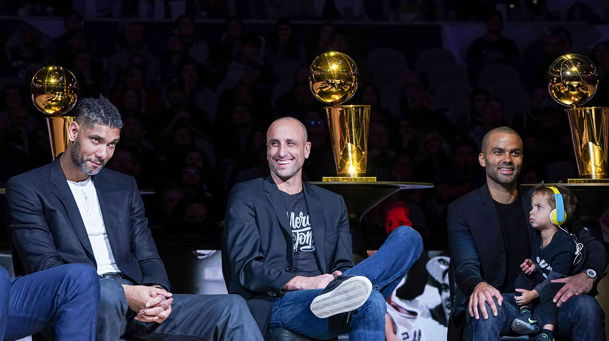 San Antonio Spurs big three of Tim Duncan, Manu Ginobili, and Tony Parker laugh during Parker's retirement ceremony at the AT&T Center.