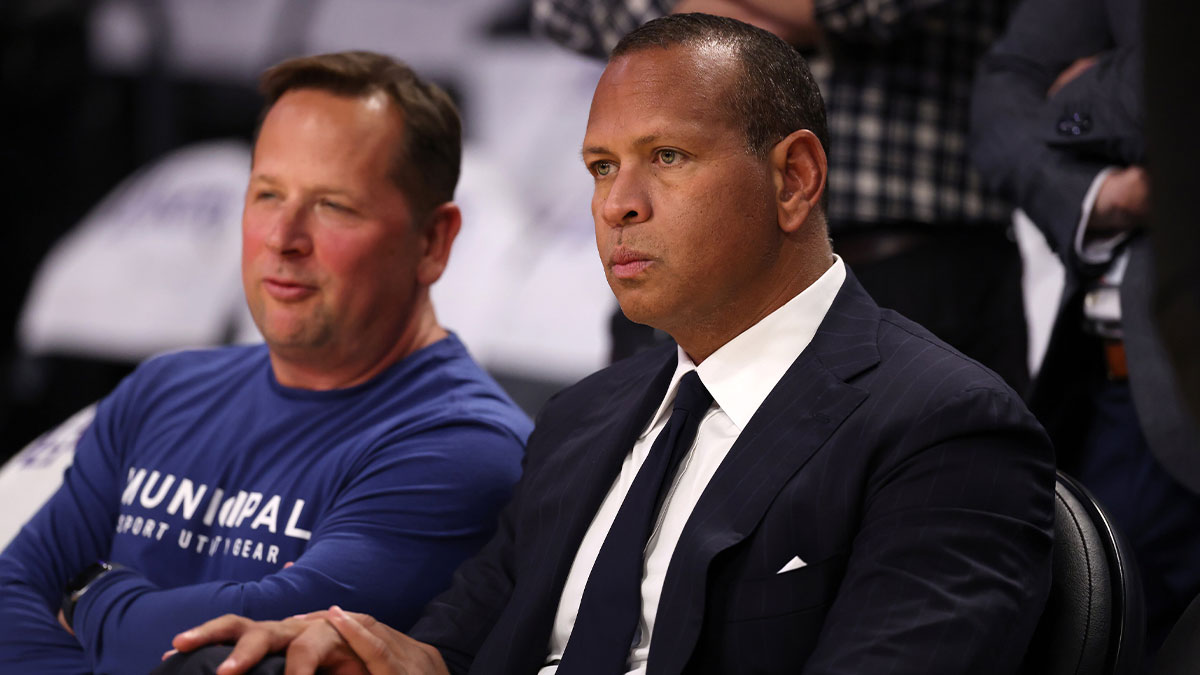 Former MLB players Alex Rodriguez (right) attends game two of first round for the 2024 NBA Playoffs between the Los Angeles Lakers and the Minnesota Timberwolves at Crypto.com Arena.