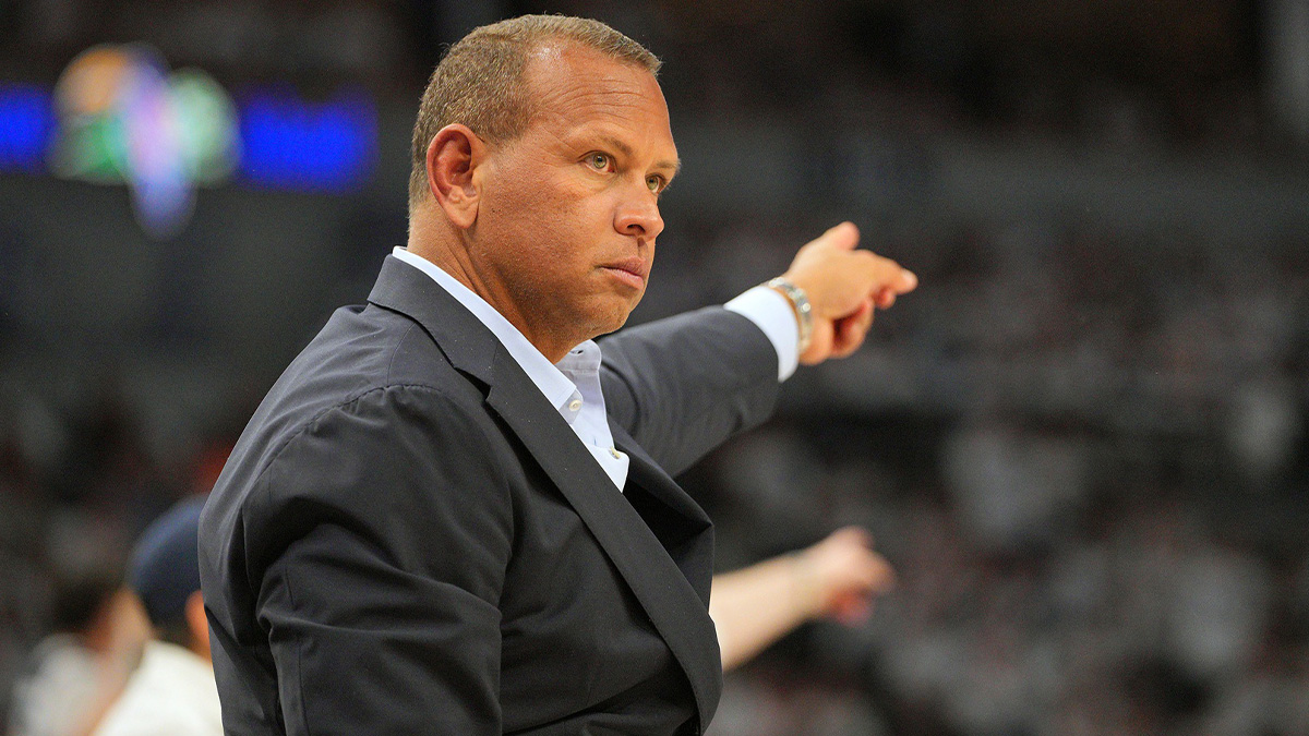 Minnesota Timberwolves co-owner Alex Rodriguez reacts against the Oklahoma City Thunder during the first half in game three of the western conference finals for the 2025 NBA Playoffs at Target Center.