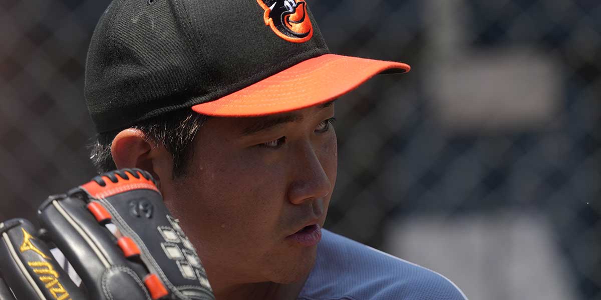Baltimore Orioles starting pitcher Tomoyuki Sugano (19) warms up before the game against the Athletics at Sutter Health Park.