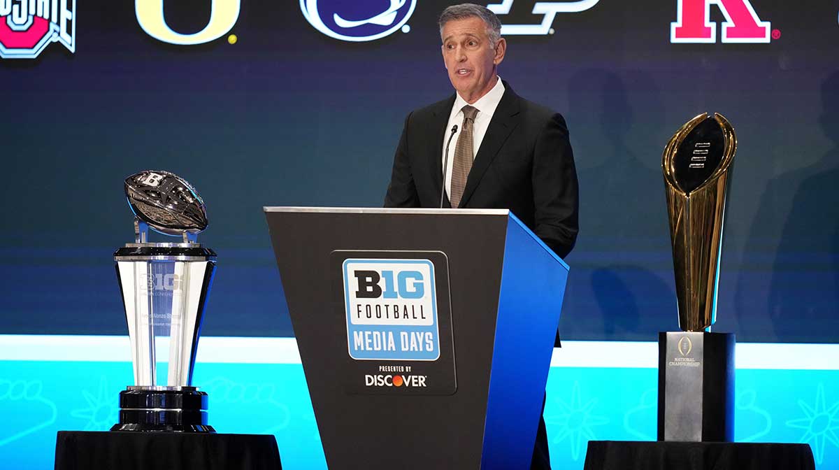 Big Ten commissioner Tony Petitti speaks to the media during the Big Ten NCAA college football media days at Mandalay Bay Resort.