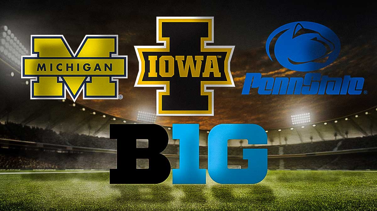Big Ten, Big Ten 2025, Big Ten offensive line, Top Big Ten offensive line, Penn State football, Michigan, Iowa and Penn State logos with football background, Big Ten logo also on graphic