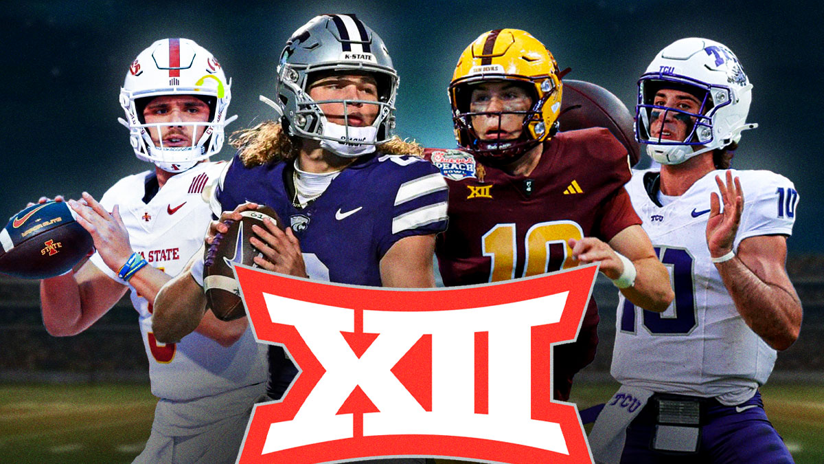Big 12 logo in the middle with Iowa State's Rocco Becht, Kansas State's Avery Johnson, Arizona State's Sam Leavitt and TCU's Josh Hoover around it