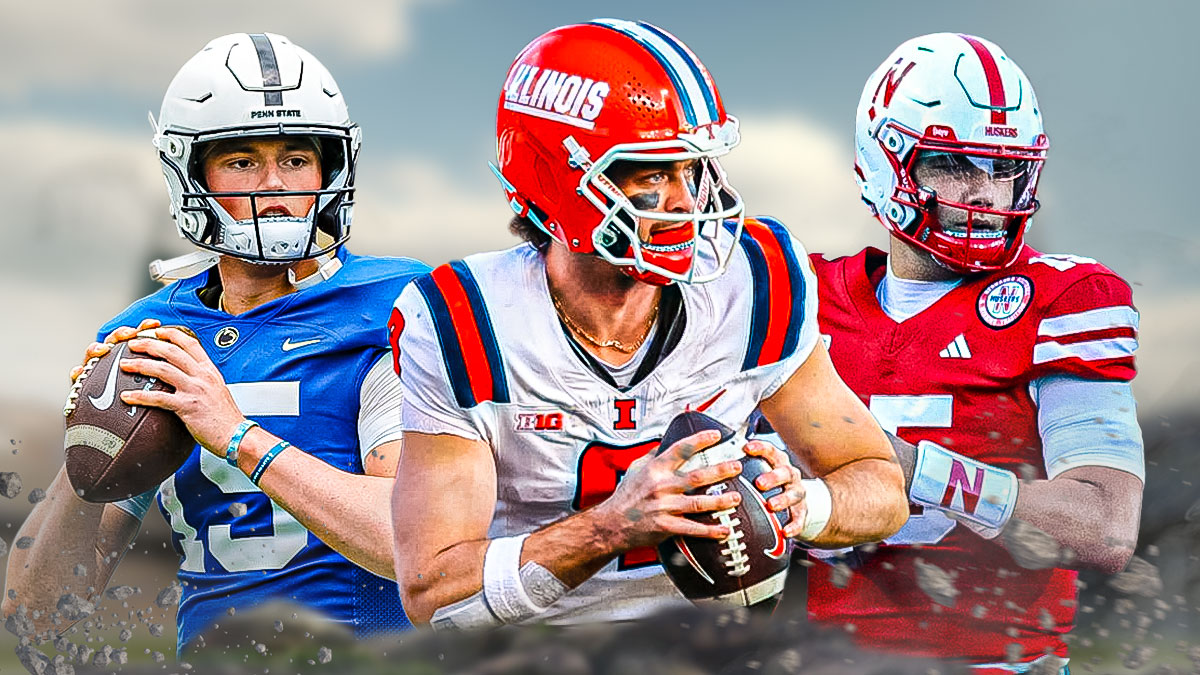 Big Ten, Top 5 Big Ten quarterbacks, Big Ten QB, Penn State football, Drew Allar, Drew Allar, Luke Altmyer and Dylan Raiola in their respective team uniforms, football background