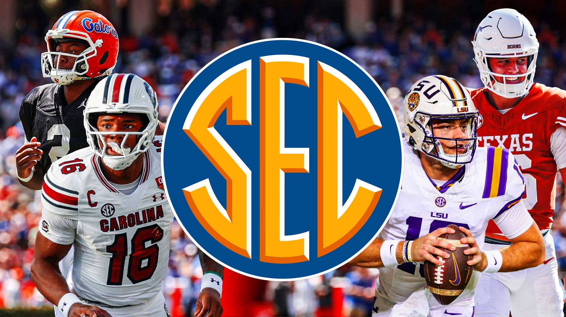 SEC logo with Texas QB Arch Manning, LSU QB Garrett Nussmeier, South Carolina QB LaNorris Sellers and Florida QB DJ Lagway around it