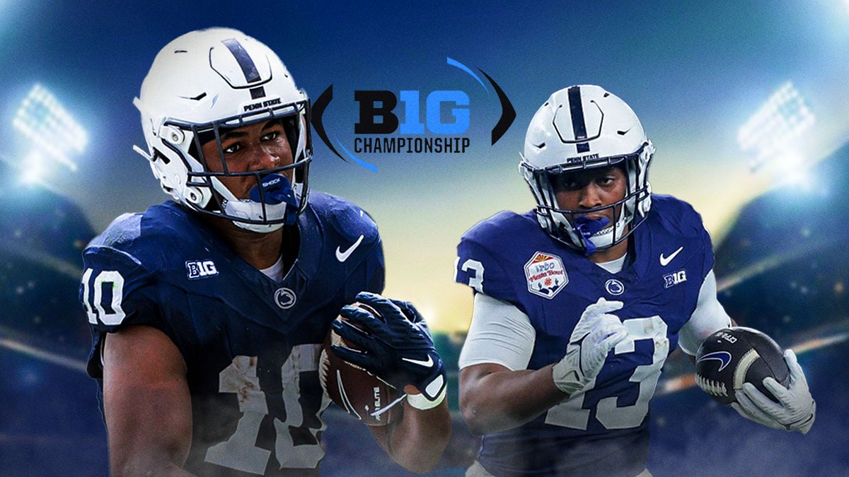 Big Ten, Big Ten running back, Top Big Ten running back, Kaytron Allen, Nick Singleton, Nick Singleton and Kaytron Allen in Penn State uniforms, football background, Big Ten logo on graphic