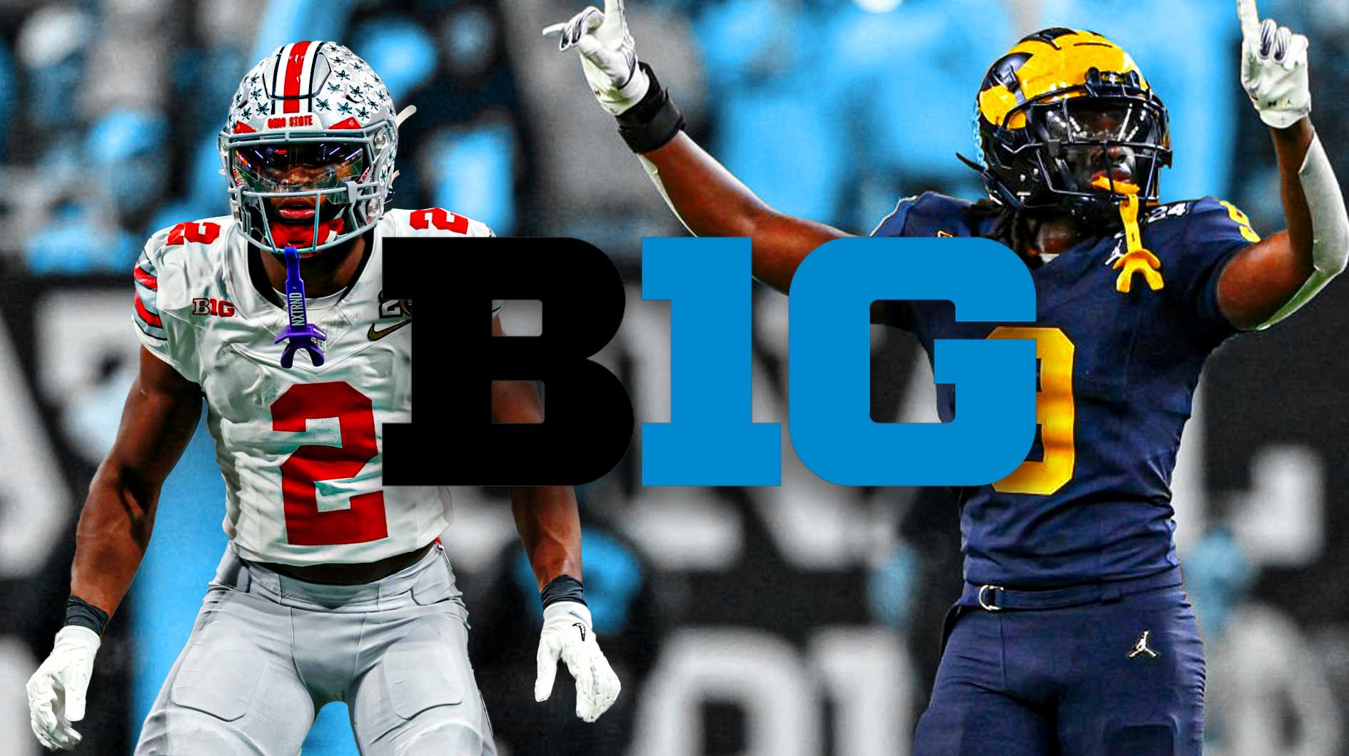 Big Ten, Big Ten secondary, Top Big Ten secondary, Ohio State football, Caleb Downs, Caleb Downs and Rod Moore in respective uniforms, Big Ten logo on graphic, football background