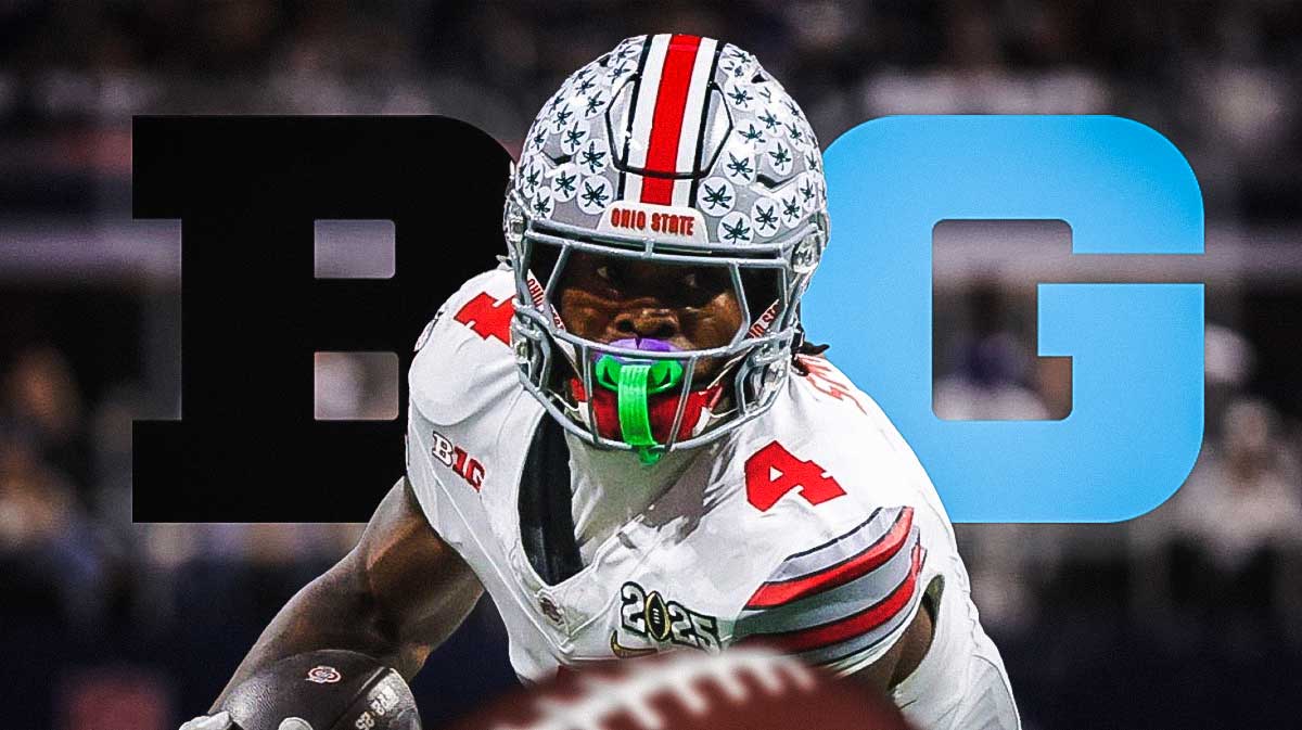 Big Ten, Big Ten WR, Top Big Ten WR, Jeremiah Smith, Ohio State football, Jeremiah Smith in Ohio State uniform, football background, Big Ten logo on graphic