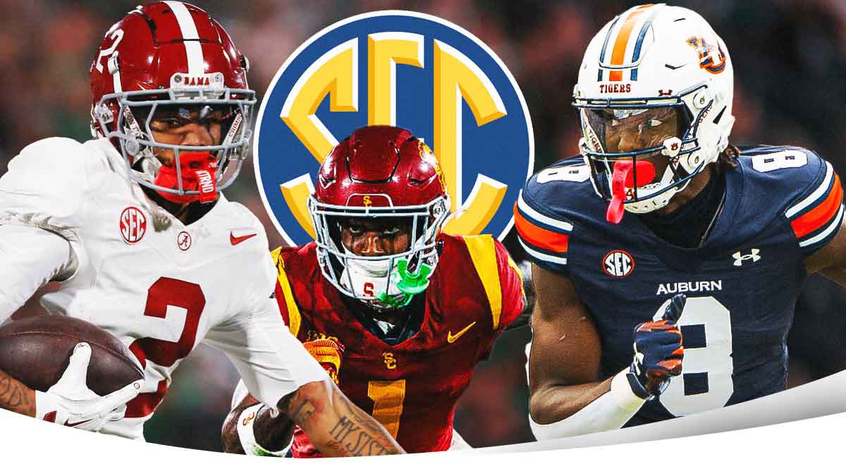 SEC logo in the middle with SEC wide receivers: Alabama's Ryan Williams, Georgia's Zachariah Branch, and Auburn's Cam Coleman around it