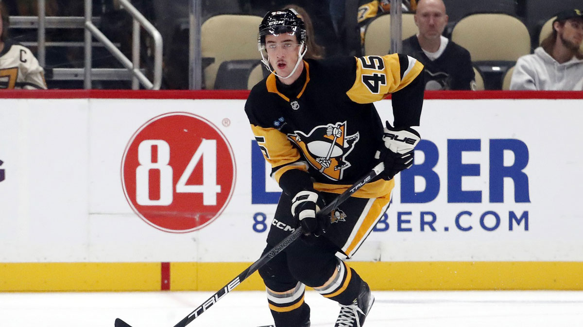 Pittsburgh Penguins defenseman Harrison Brunicke (45) skates with the puck against the Columbus Blue Jackets during the third period at PPG Paints Arena.
