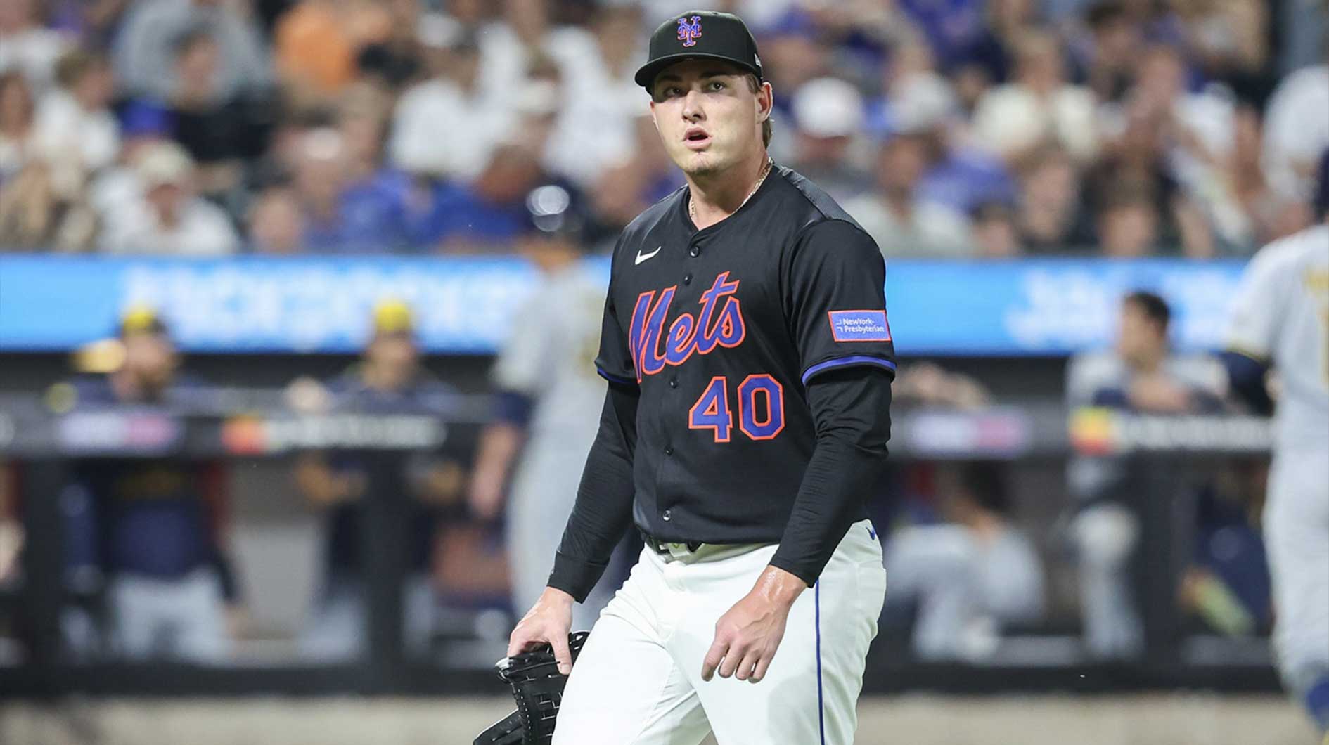 New York Mets relief pitcher Blade Tidwell (40) walks off the field after getting taken out of the game in the sixth inning against the Milwaukee Brewers at Citi Field.