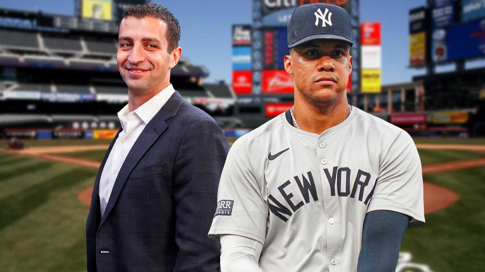 New York Mets president David Stearns with Mets superstar Juan Soto. Citi Field as the background image.