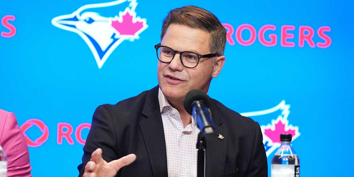 Toronto Blue Jays general manger Ross Atkins speaks to the media during the press conference at Rogers Centre.