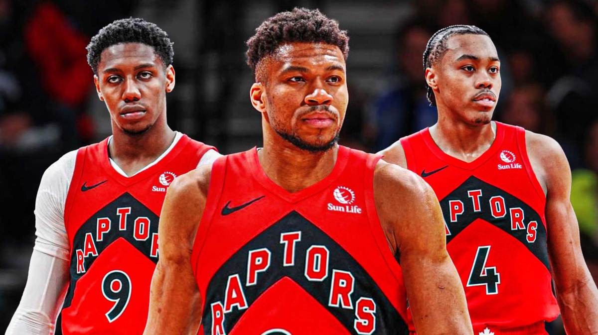 Giannis Antetokounmpo wearing a Toronto Raptors jersey in the middle, Scottie Barnes and RJ Barrett around him