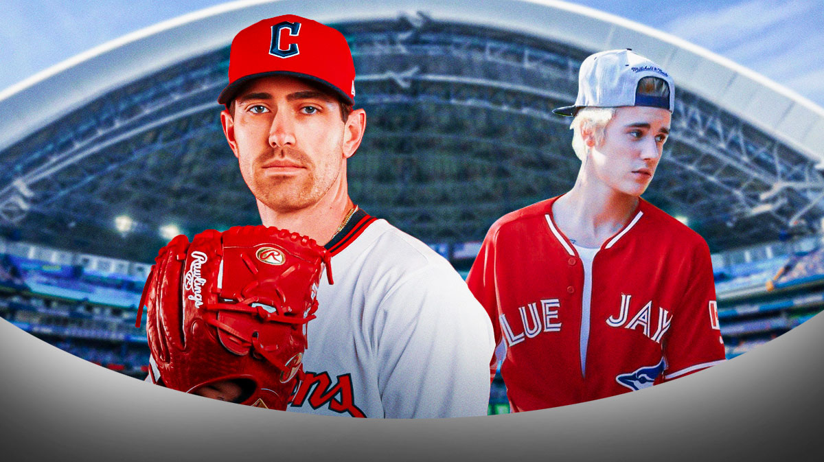 Justin Bieber wearing a Toronto Blue Jays jersey next to Shane Bieber.