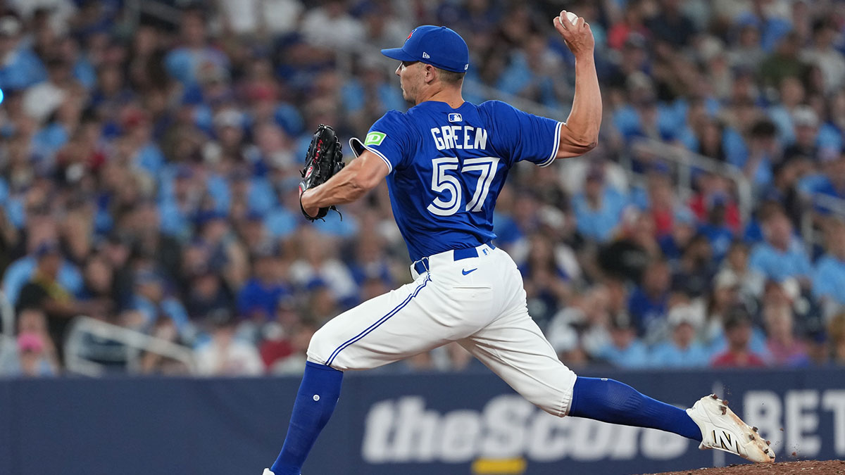Toronto Blue Jays relief pitcher Chad Green (57) throws a pitch against the New York Yankees during the eighth inning at Rogers Centre.
