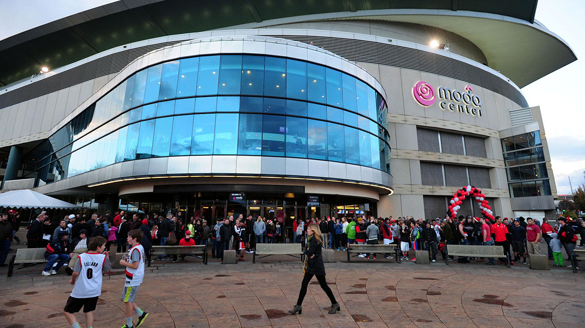 General view of the exterior of the Moda Center before the game between the San Antonio Spurs and Portland Trail Blazers.