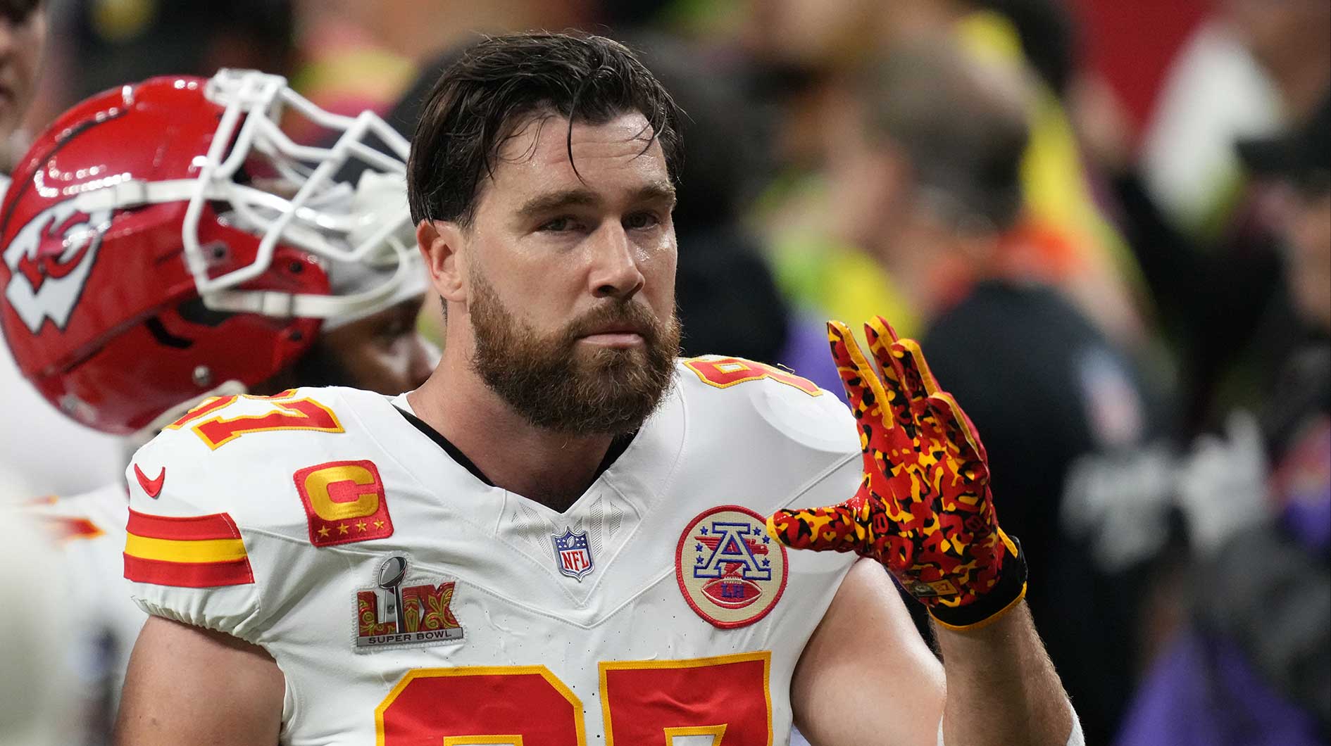 Kansas City Chiefs tight end Travis Kelce, who had trouble doing the table read when hosting SNL, at Super Bowl 59.