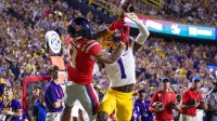 LSU Tigers cornerback Ashton Stamps (1) blocks a pass intended for Mississippi Rebels wide receiver Tre Harris (9) during the second half at Tiger Stadium.