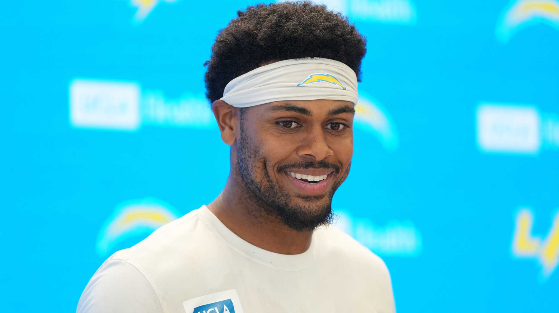 Los Angeles Chargers receiver Tre Harris at press conference during organized team activities at The Bolt. Mandatory Credit: Kirby Lee-Imagn Images