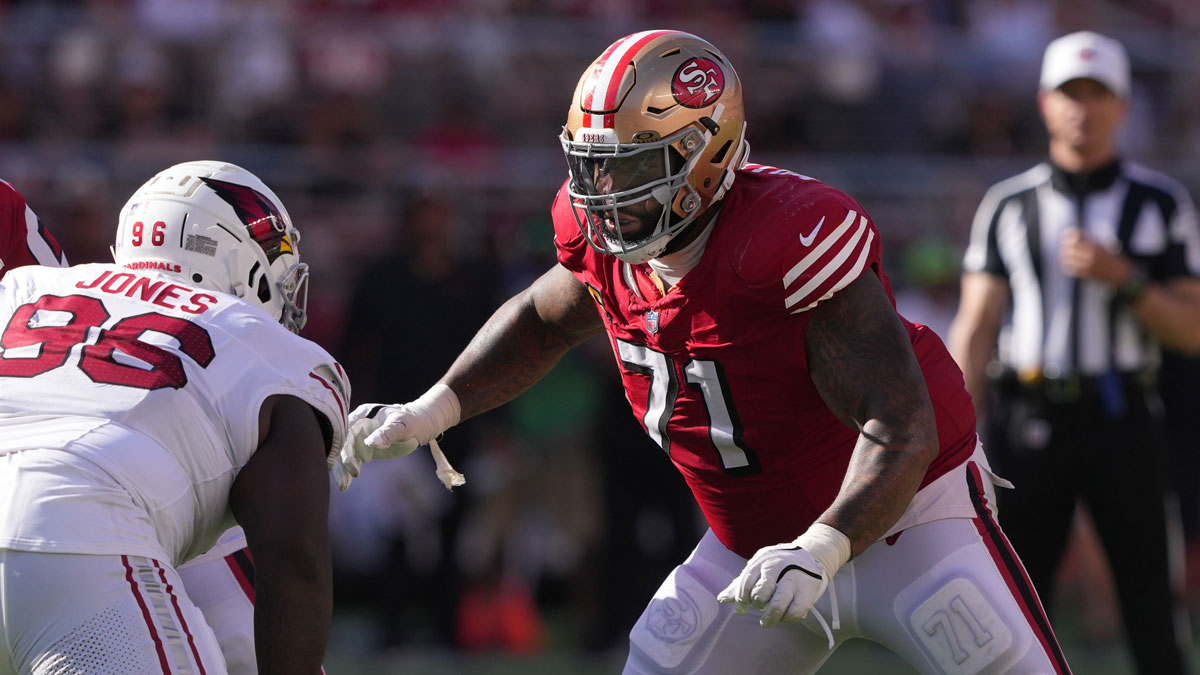 San Francisco 49ers offensive tackle Trent Williams (71) blocks Arizona Cardinals defensive tackle Naquan Jones (96) during the fourth quarter at Levi's Stadium.