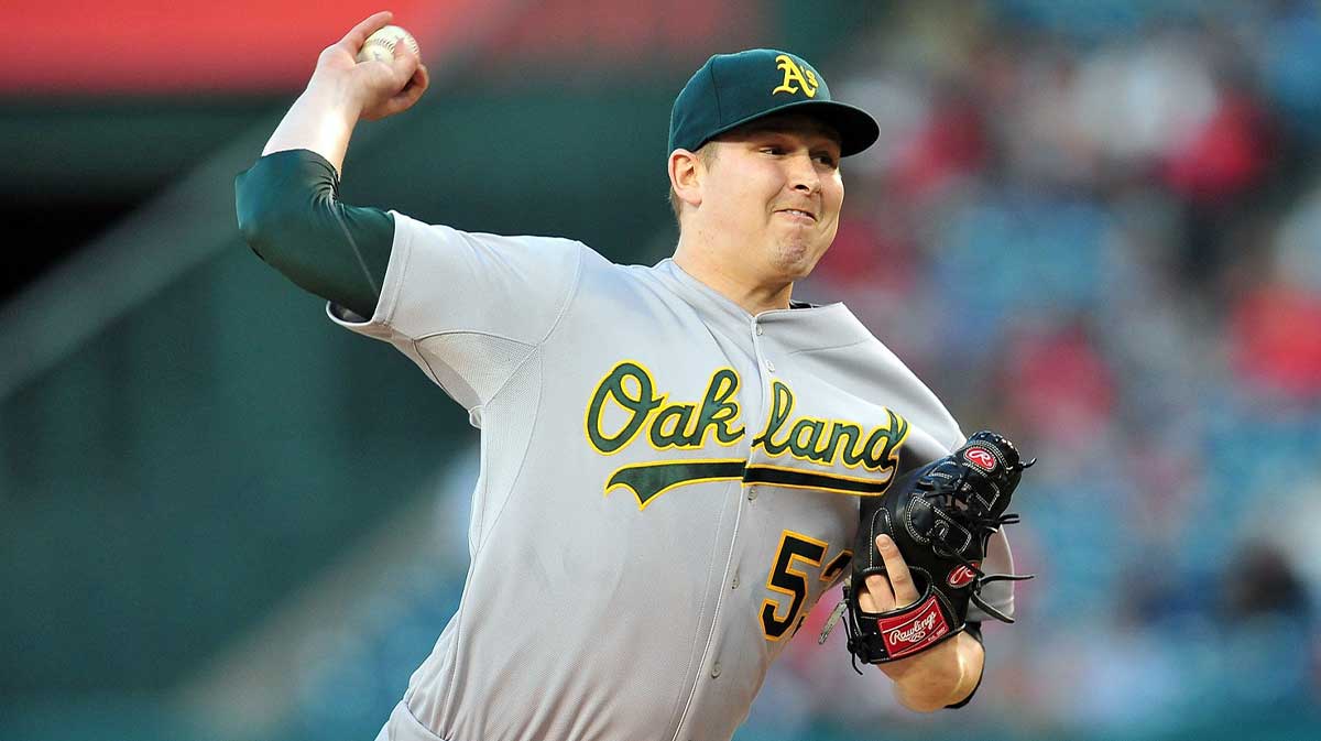 Oakland Athletics starting pitcher Trevor Cahill (53) pitches in the first inning against the Los Angeles Angels at Angel Stadium of Anaheim.