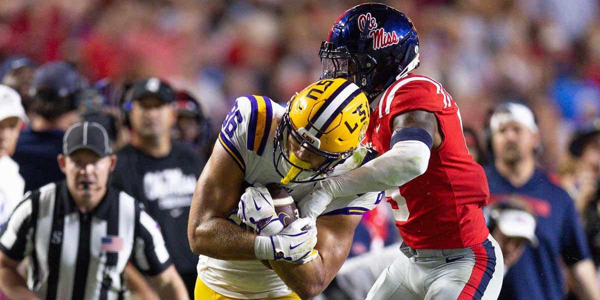 LSU Tigers tight end Mason Taylor (86) makes a first down against Mississippi Rebels cornerback Trey Amos (9) during the second half at Tiger Stadium.