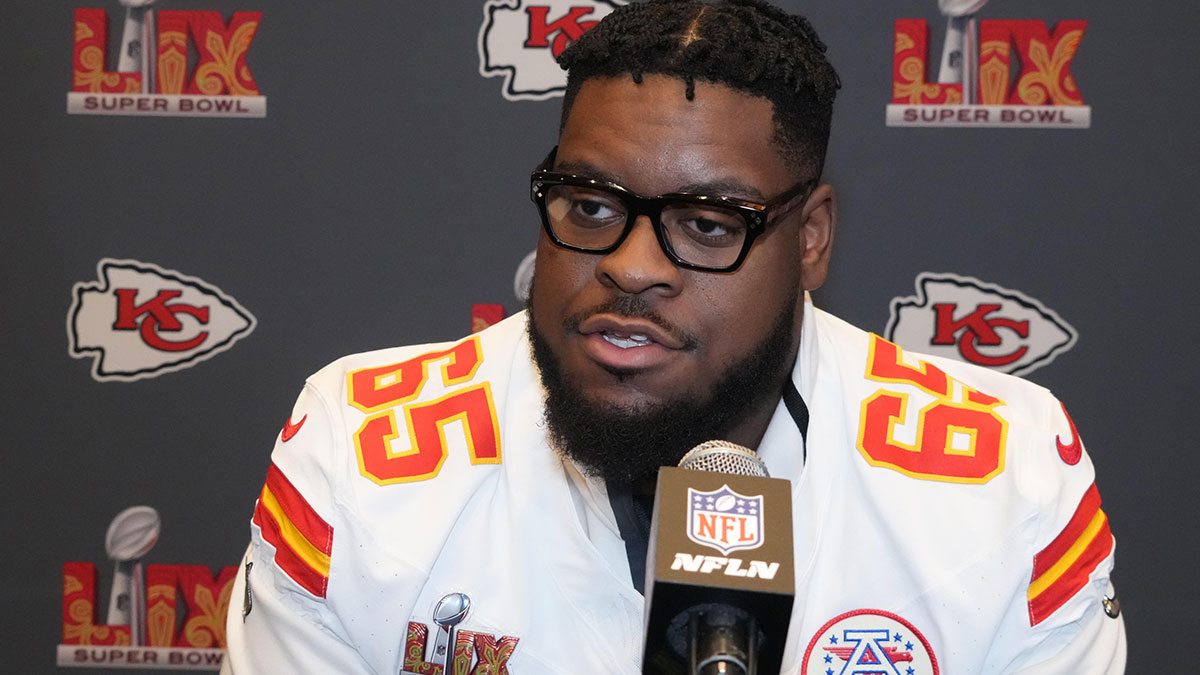 Kansas City Chiefs guard Trey Smith (65) in a press conference ahead of Super Bowl LIX at New Orleans Marriott.