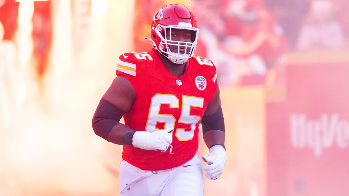 Kansas City Chiefs guard Trey Smith (65) against the Buffalo Bills in the AFC Championship game at GEHA Field at Arrowhead Stadium.