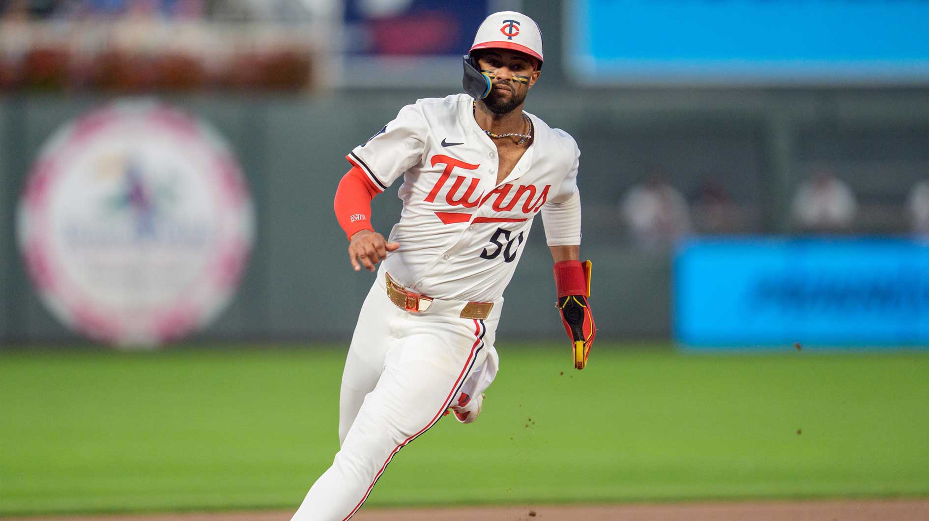 Minnesota Twins right fielder Willi Castro (50) rounds third on his way to home. He would be called back as left fielder Harrison Bader (12) would have his hit ruled a ground rule double in the eighth inning against the Washington Nationals at Target Field.